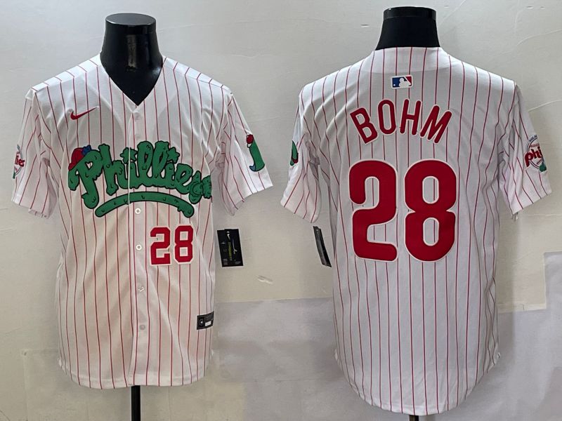 Men Philadelphia Phillies 28 Bohm White Fourth generation Joint Name Nike 2025 MLB Jersey style 14